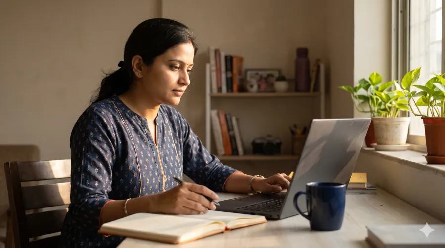 A homemaker in Vadodara learning digital skills on a laptop