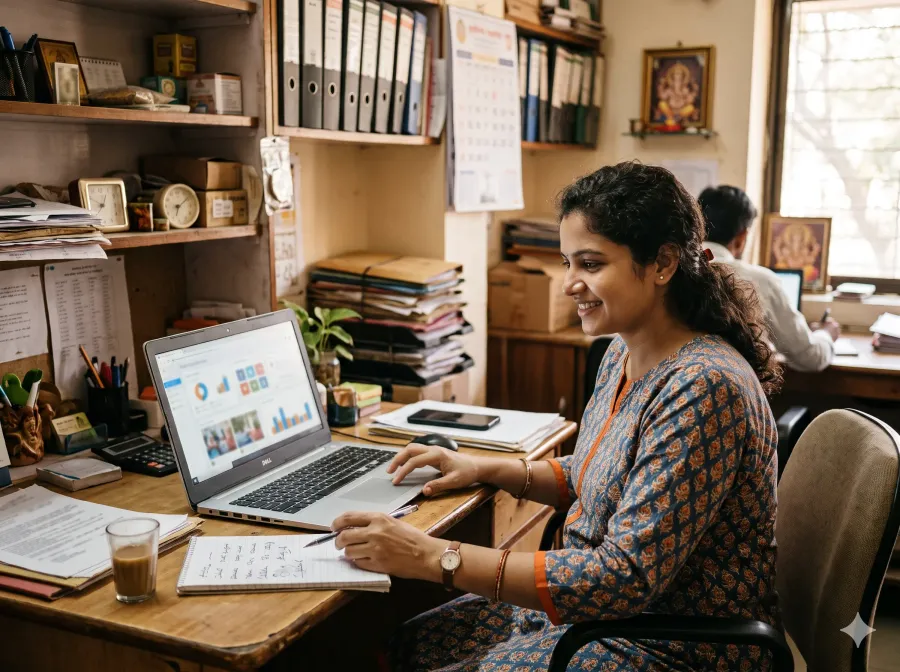 A small business owner reviewing marketing on a laptop